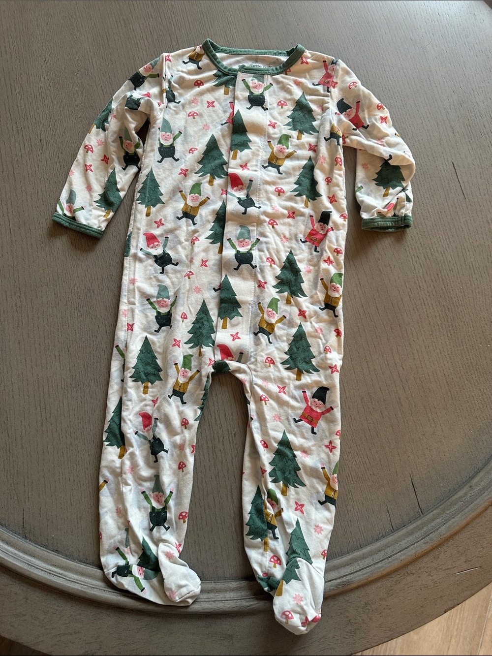 Magnetic Me Cream Holiday Elf Print Footed One-Piece with Green Trim